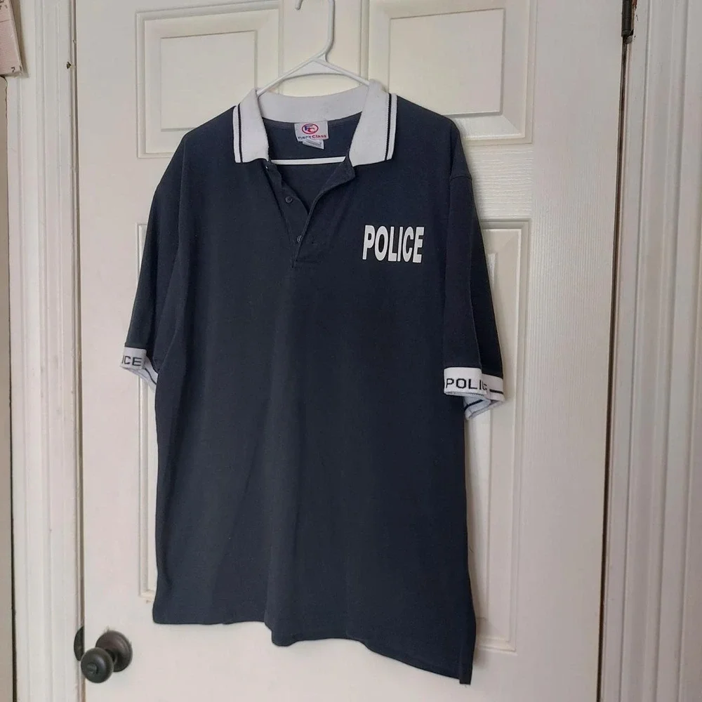 First Class Mens Police Polo Shirt Black White Graphic Workwear Size XL